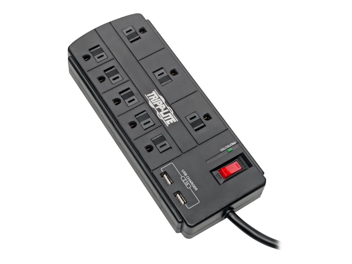 Tripp Lite 8-Outlet Surge Protector Power Strip with 2 USB Ports (2.1A Shared) - 8 ft. Cord, 1200 Joules, Black - surge