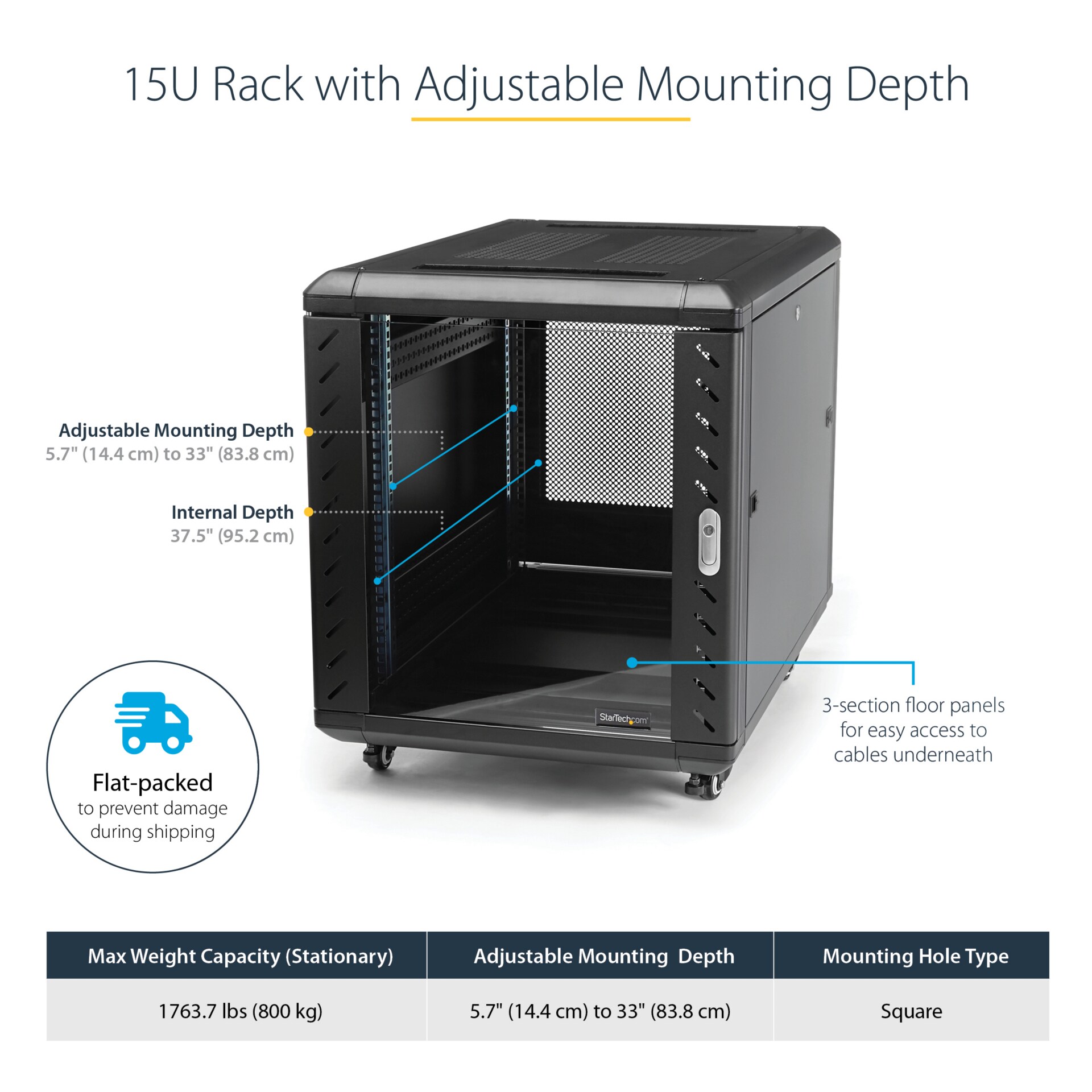 StarTech.com 4-Post 15U Server Rack Cabinet, 19" Data Rack Cabinet for Computer / IT Equipment, Half-Height Network Rack