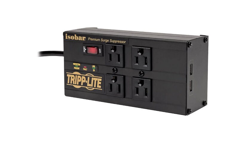 Tripp Lite Isobar 4-Outlet Surge Protector - 8 ft. Cord, Right-Angle Plug, 3330 Joules, 2 USB Ports, Metal Housing -