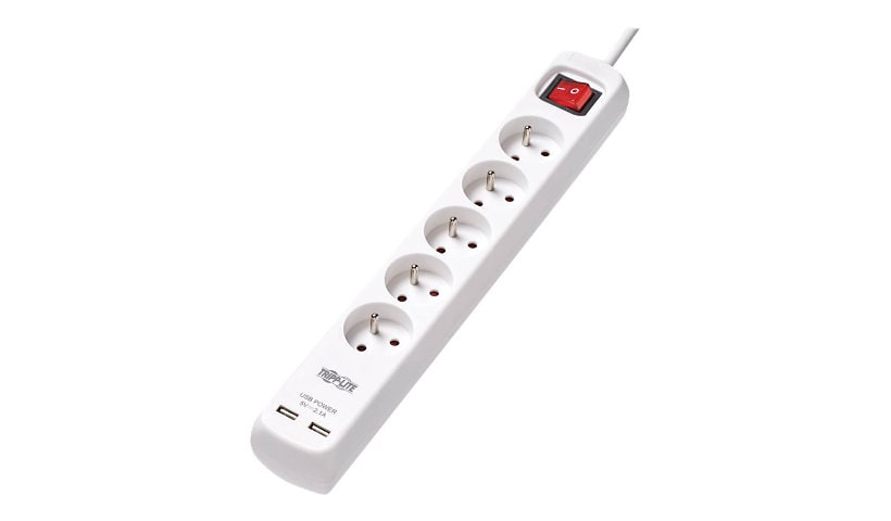 Tripp Lite 5-Outlet Power Strip with USB Charging - French Type E Outlets, 220-250V, 16A, 3 m Cord, Type E Plug, White -
