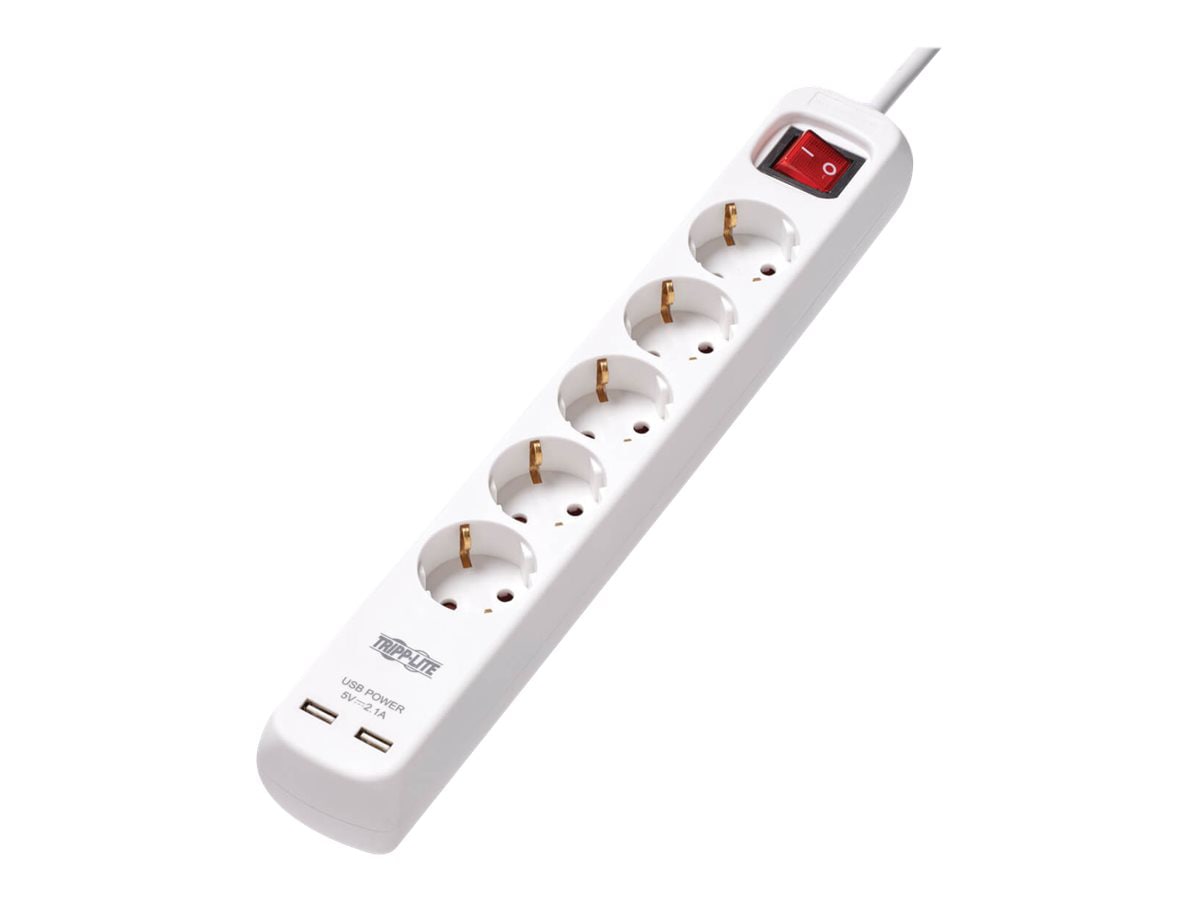 Tripp Lite 5-Outlet Power Strip with USB-A Charging - Schuko Outlets, 220-250V, 16A, 3 m Cord, Schuko Plug, White -