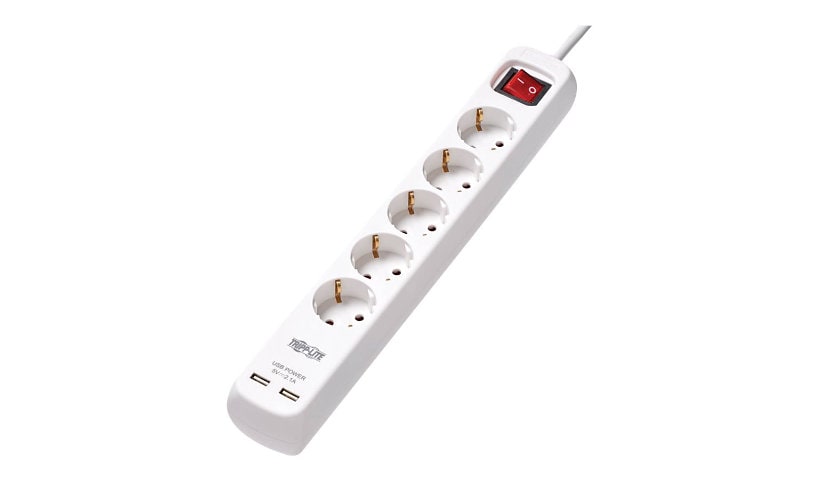 Tripp Lite 5-Outlet Power Strip with USB-A Charging - Schuko Outlets, 220-250V, 16A, 3 m Cord, Schuko Plug, White -