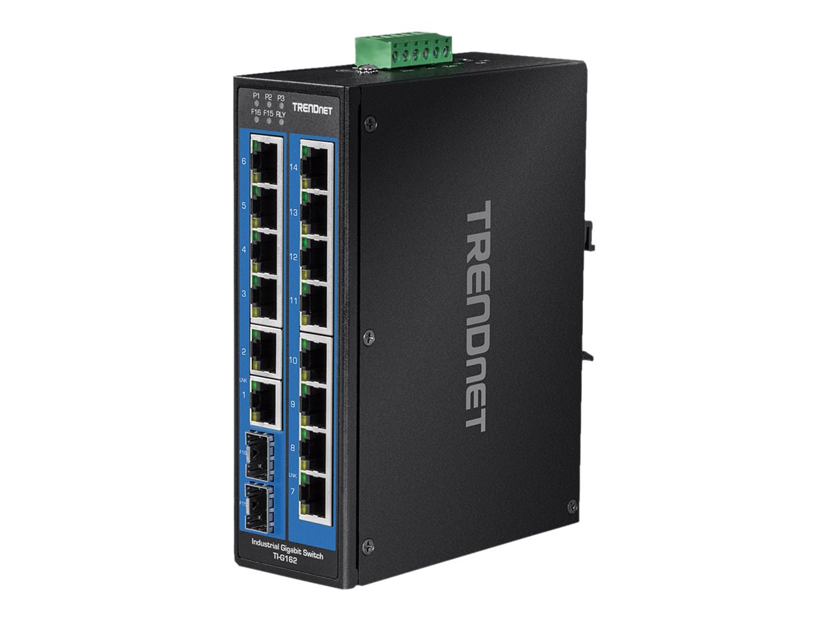 TRENDnet 16-Port Hardened Industrial Unmanaged Gigabit DIN-Rail Switch; TI-