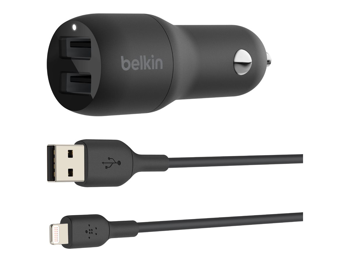 Belkin 24W Dual-Port USB-A Car Charger - 2xUSB-A (12W) - with USB-A to Lightning Cable - Power Adapter - Black