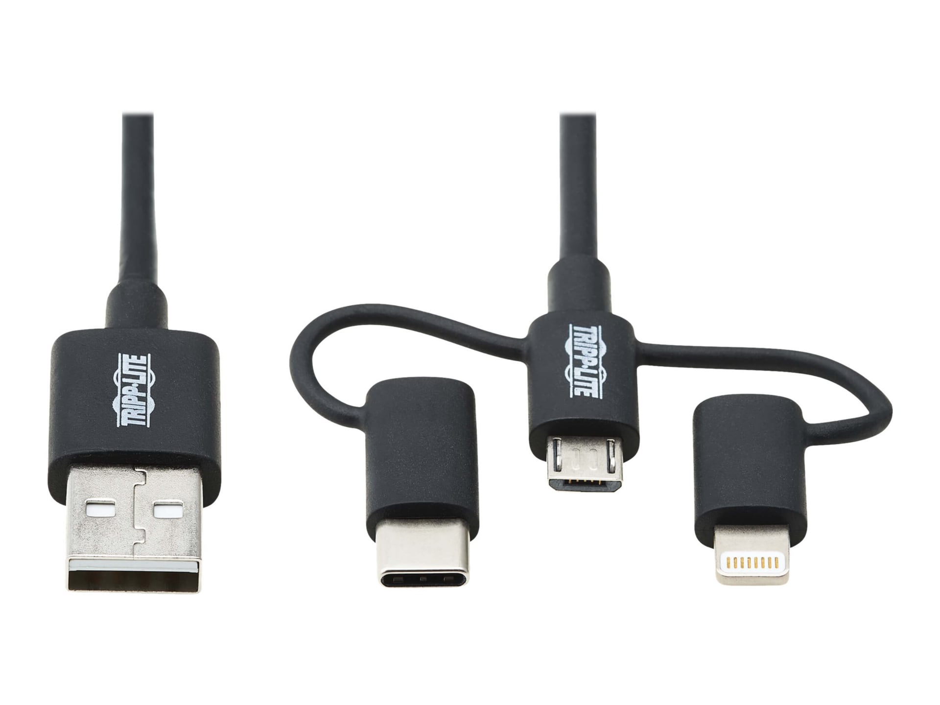 Tripp Lite USB-A to Lightning, USB Micro-B and USB-C Sync/Charge Cable, Mi-Fi Certified - Black, 6 ft. - - M101-006-LMC-BK - USB Cables - CDW.com
