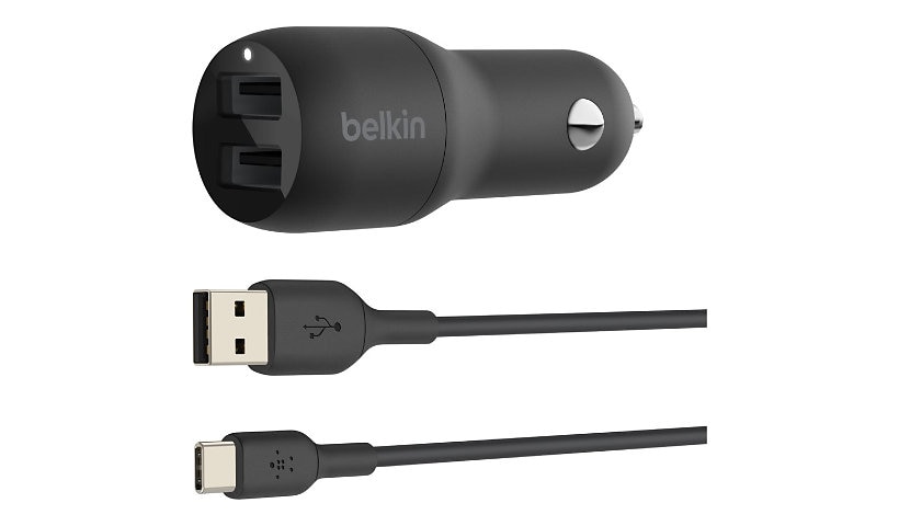 Belkin 24W Dual-Port USB-A Car Charger - 2xUSB-A (12W) - with USB-A to USB-C Cable - Power Adapter - Black