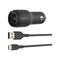 Belkin Dual USB-A Car Charger 24W + USB-A to USB-C Cable - Black