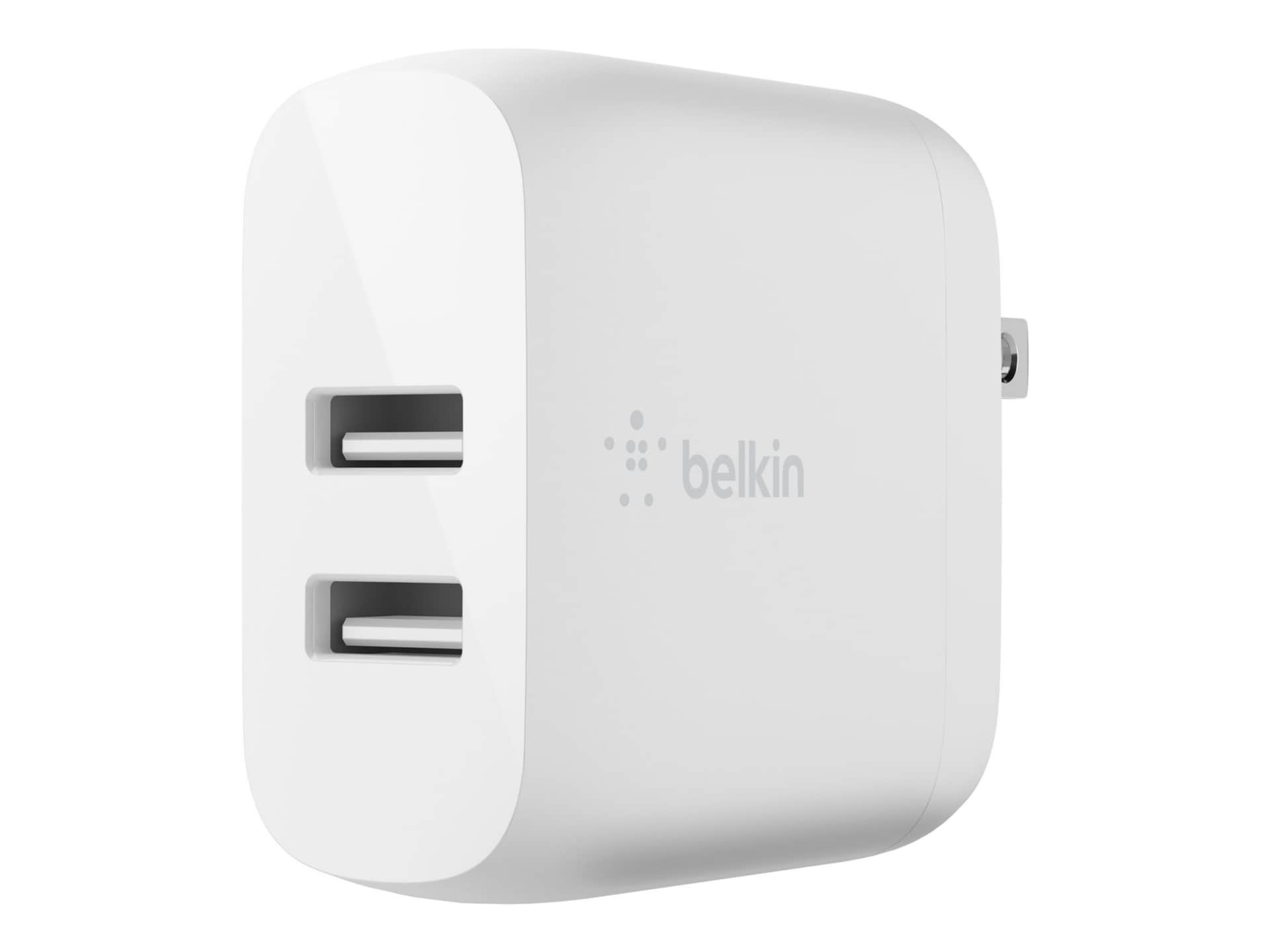 Belkin 24W Portable Dual-Port USB-A Wall Charger - 2xUSB-A (12W) - with USB-A to Lightning Cable - Power Adapter - White