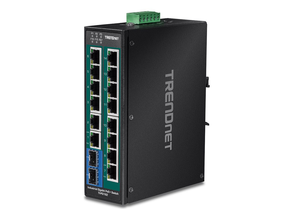 TRENDnet 16-Port Hardened Industrial Unmanaged Gigabit PoE+ DIN-Rail Switch; TI-PG162; 14 x Gigabit Ports; 2 x Gigabit