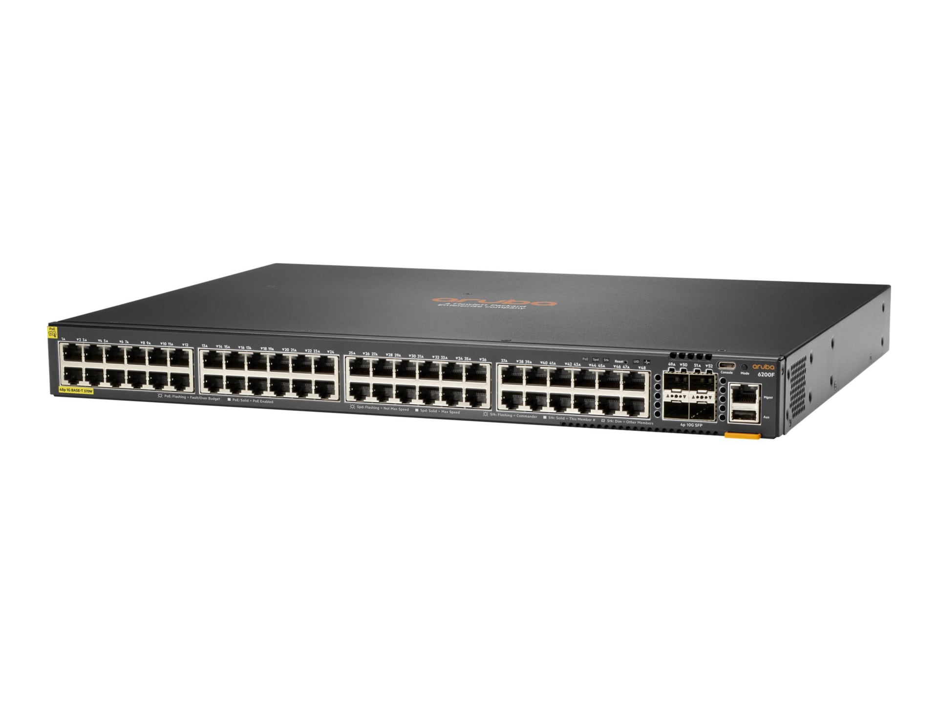 Commutateur HPE Aruba 6200F 48G, alimentation sur Ethernet (PoE) classe 4, 4SFP+ 370 W – 52 ports – géré