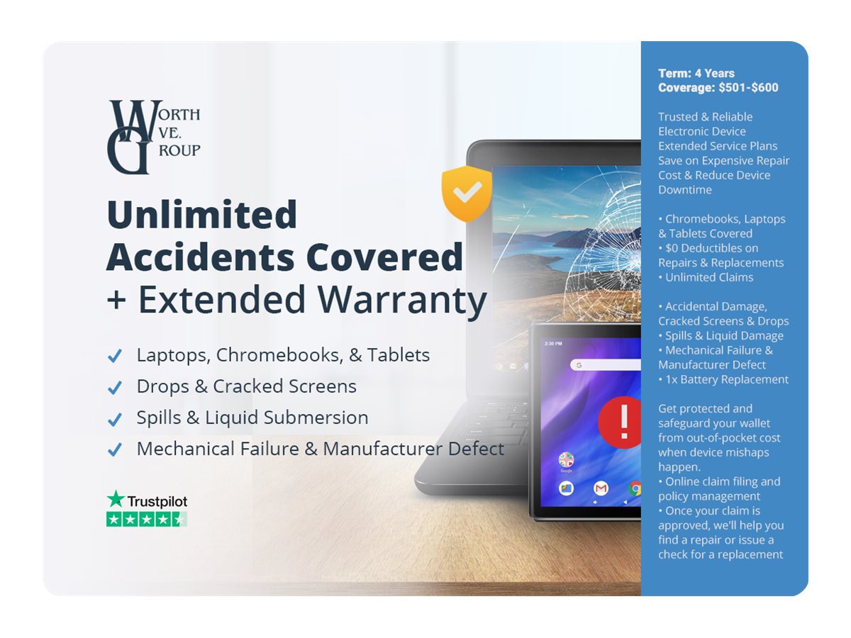 Worth Ave. Group-Laptop/Tablet Extended Service Plan-Unlimited Accidents+Warranty-4 Years-$501-$600 Device Value (K-12)