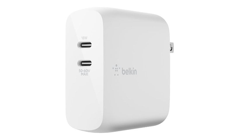 Belkin Dual Port USB-C 68W GaN Wall Charger - Fast Charging - USB-C PD Charger for Apple, Samsung, Macbook