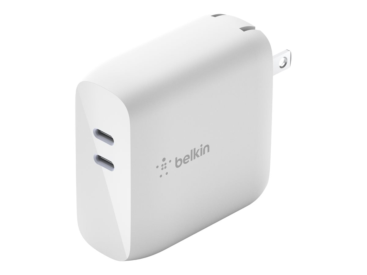 Belkin 68W Portable Dual-Port GaN Wall Charger - 2xUSB-C (50W + 18W) - with USB-C to USB-C Cable - Power Adapter - White
