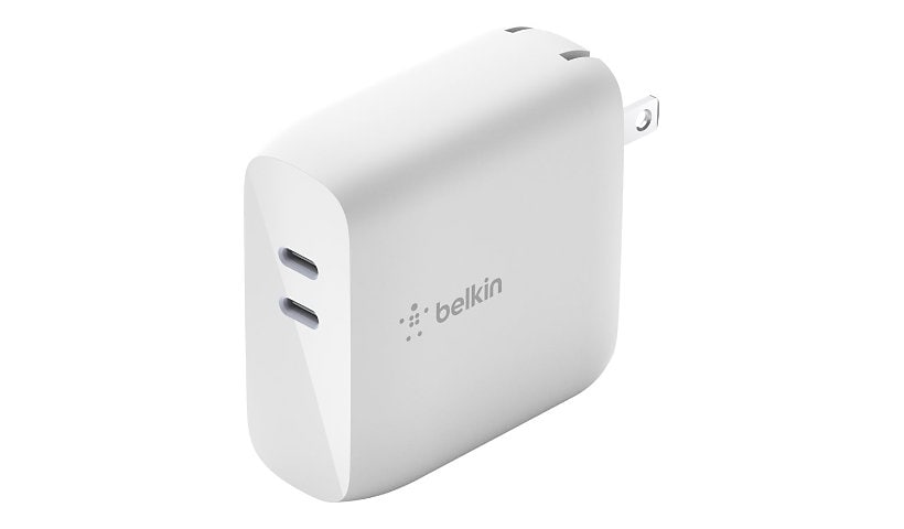 Belkin 68W Portable Dual-Port GaN Wall Charger - 2xUSB-C (50W + 18W) - with USB-C to USB-C Cable - Power Adapter - White
