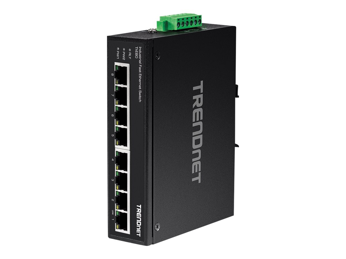 TRENDnet 8-Port Industrial Unmanaged Fast Ethernet DIN-Rail Switch; TI-E80 8 x Fast Ethernet Ports; 1.6Gbps Switching