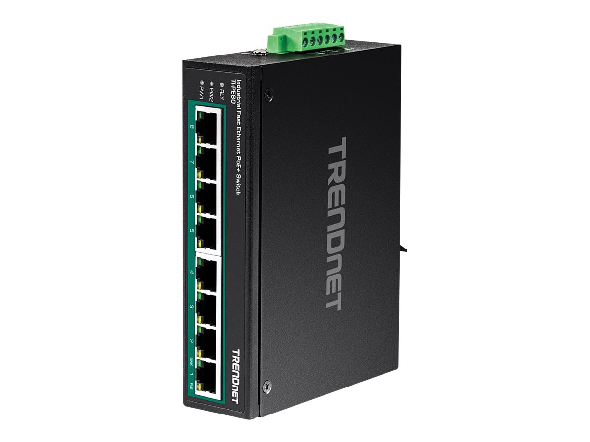 TRENDnet 8-Port Industrial Unmanaged Fast Ethernet PoE+ DIN-Rail Switch, TI