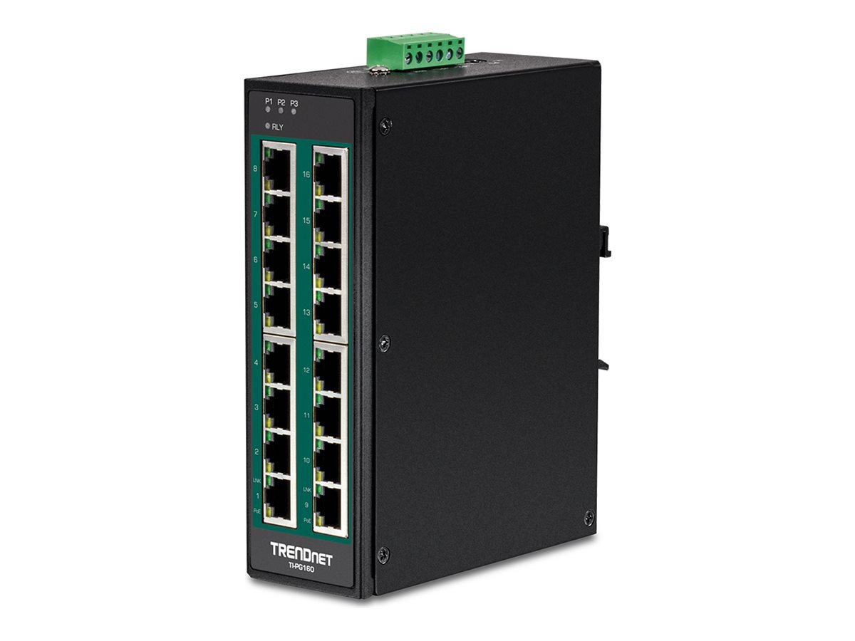 TRENDnet 16-Port Hardened Industrial Unmanaged Gigabit 10/100/1000Mbps DIN-Rail Switch w/ 16 Gigabit PoE+ Ports;