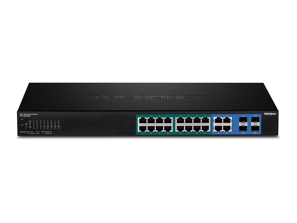 TRENDnet 20-Port Gigabit Web Smart 370W PoE+ Switch; TPE-1620WSF; 16 Gigabit PoE+ Ports; 4 Shared Gigabit Ports(RJ-45 or