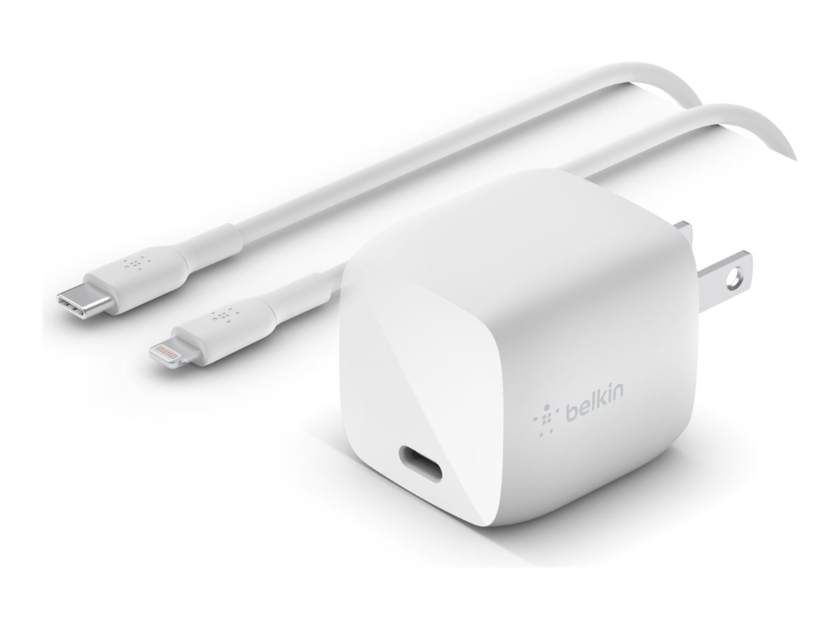 Belkin 30W Portable GaN Wall Charger - 1xUSB-C (30W) - with USB-C to Lightning Cable - Power Adapter - White