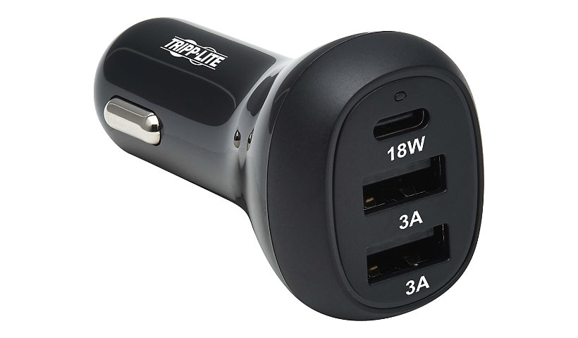 Tripp Lite USB Car Charger 3-Port 36W Max Charging USB C, 2 USB-A Black