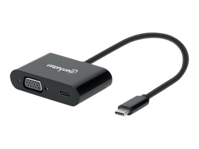 Manhattan USB-C to VGA and USB-C (inc Power Delivery), 1080p@60Hz, 19.5cm, Black, Power Delivery to USB-C Port (60W),