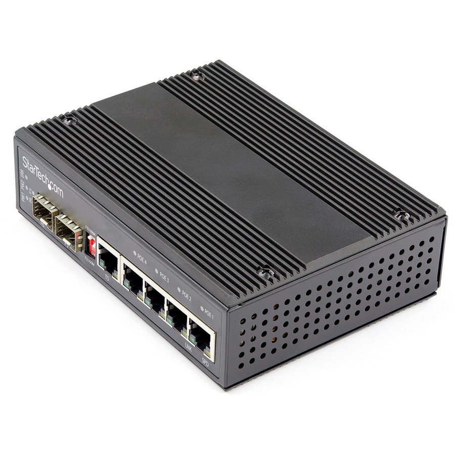 StarTech.com Industrial 6 Port Gigabit Ethernet Switch, 4 PoE RJ45 +2 SFP Slots 30W 802.3at PoE+ 12-48VDC TAA