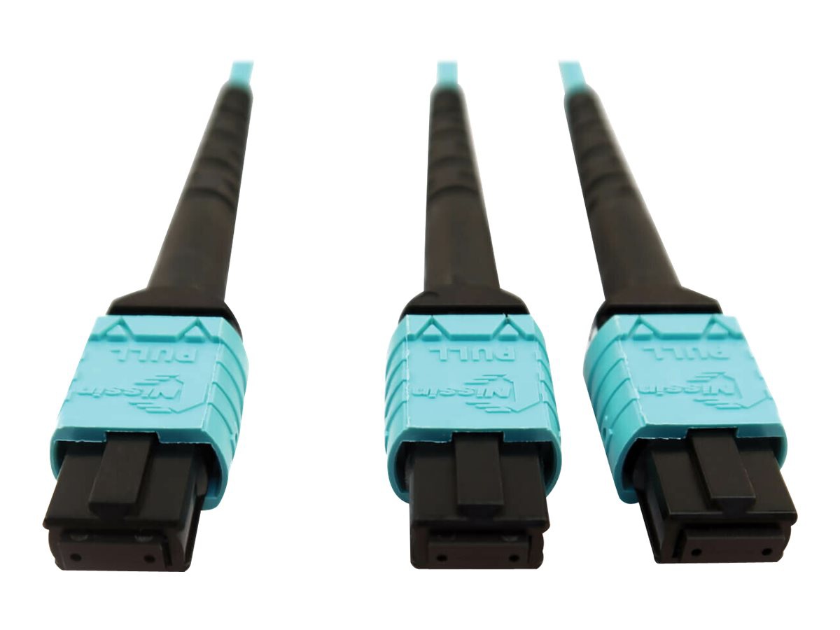 Thumbnail 4 of 5 for Tripp Lite 400G MTP/MPO Multimode OM4 Plenum-Rated Fiber Cable, 24F MTP/MPO-PC to (x2) 12F MTP/MPO-PC, Aqua, 5M -