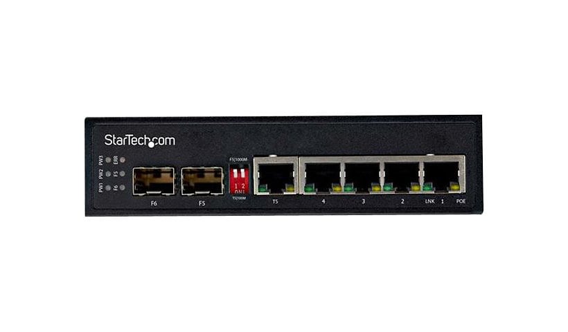 StarTech.com Industrial 6 Port Gigabit Ethernet Switch 4 PoE RJ45 +2 SFP Slots 30W PoE+ 48VDC 10/100/1000 Mbps -40C to