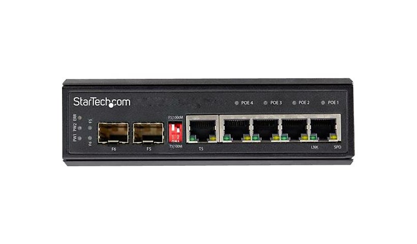 StarTech.com Industrial 6 Port Gigabit Ethernet Switch w/4 PoE RJ45 +2 SFP Slots 30W 802.3at PoE+ 12-48VDC 10/100/1000