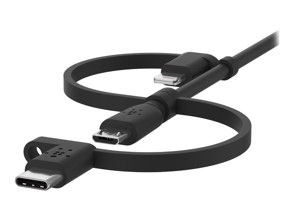 Câble micro USB 3 en 1 avec adapt. USB Type-C et Lightning