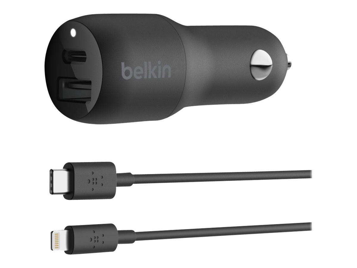 Belkin 32W USB-C PD + USB-A Car Charger + USB-C to Lightning Cable - Black