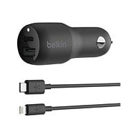 Belkin 32W USB-C PD + USB-A Car Charger + USB-C to Lightning Cable - Black