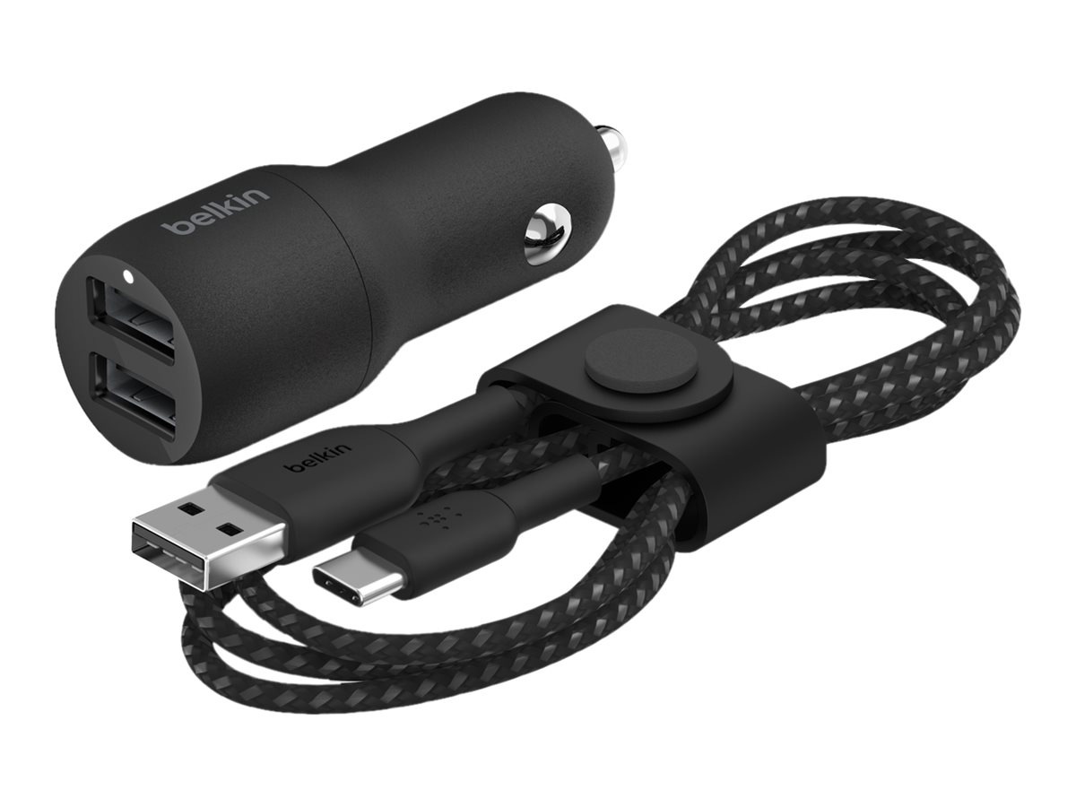 Belkin 24W Dual-Port USB-A Car Charger - 2xUSB-A (12W) - with USB-A to USB-C Cable - Power Adapter - Black