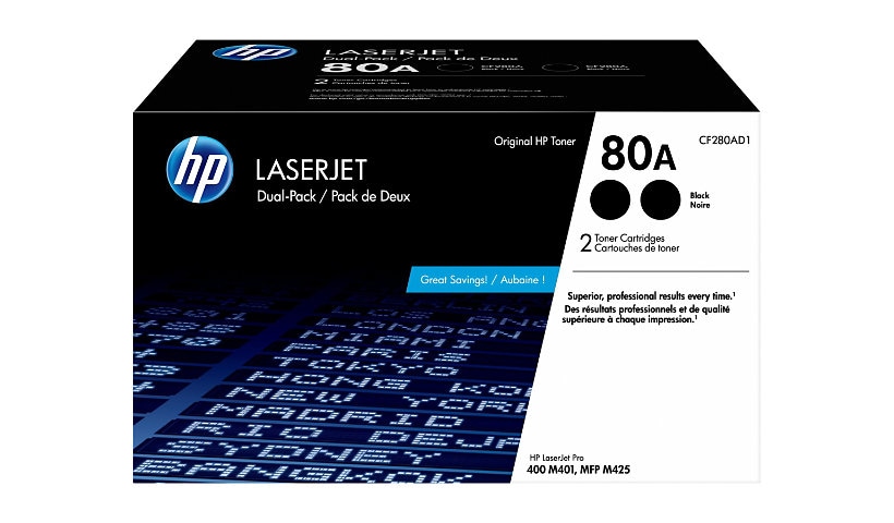 HP 80A (CF280AD1) Original Laser Toner Cartridge - Black - 2 / Carton