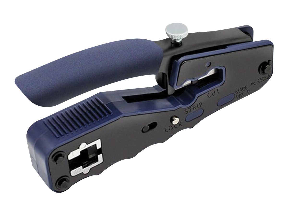 Crimping Tool with Cable Stripper for Pass-Through RJ45 Plugs