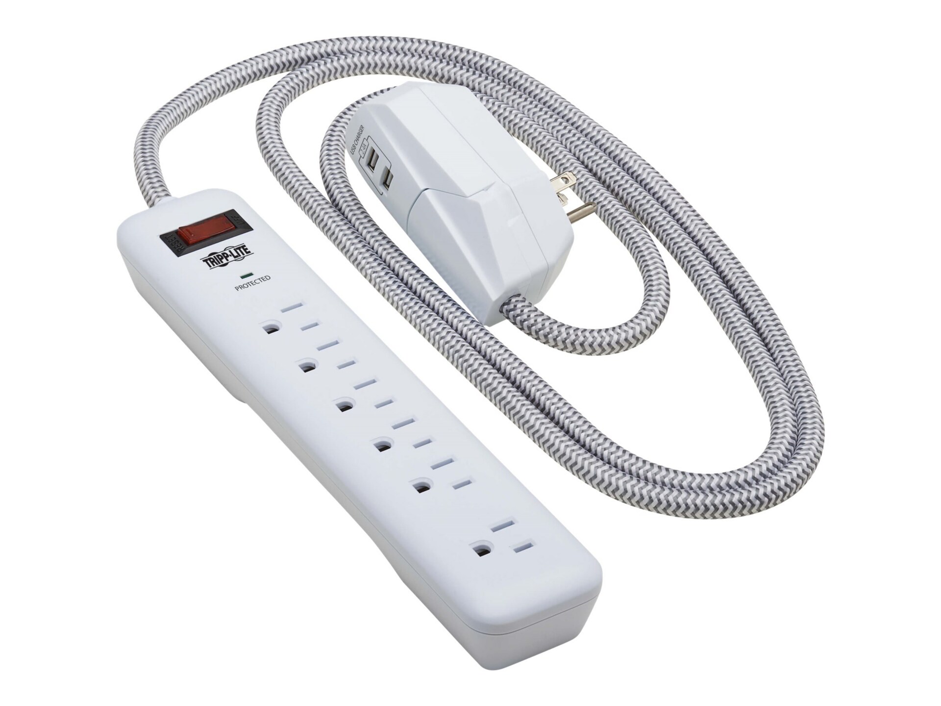 Tripp Lite Surge Protector 7-Outlet, 6 on strip/1 in detachable plug-, 2 USB Ports (2.4A Shared), Detachable Charger