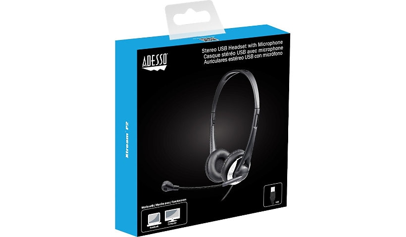 Adesso USB Stereo Headset with Adjustable Microphone- Noise Cancelling- Mono - USB - Wired - Over-the-head - 6 ft Cable