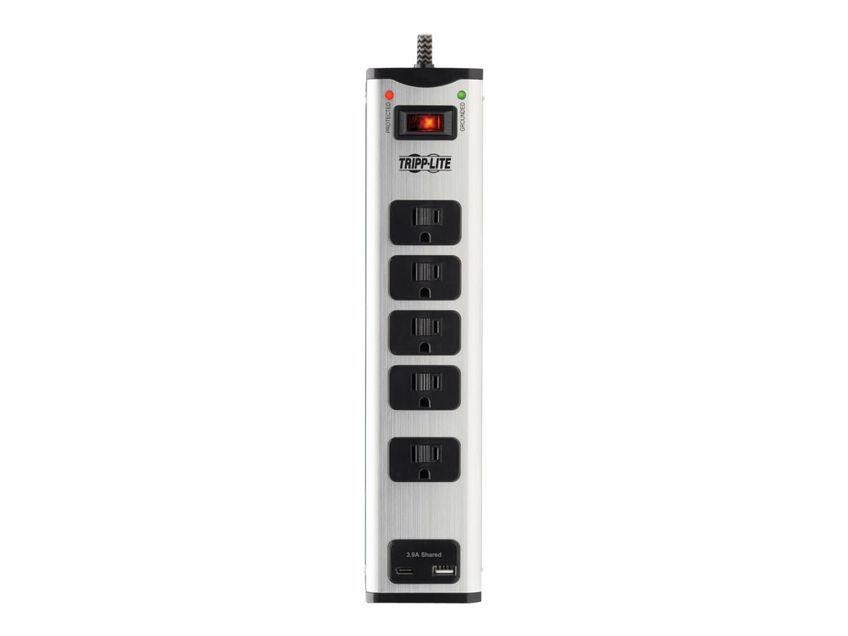 Thumbnail 2 of 6 for Eaton Tripp Lite Series 5-Outlet Surge Protector with 1 USB-A and 1 USB-C 3.9A Shared 6ft Cord 2100 Joules Metal Housing