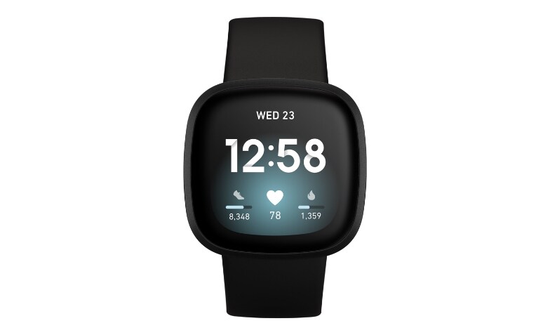 Fitbit Versa 3 black aluminum smart watch with band black FB511BKBK Smartwatches CDW