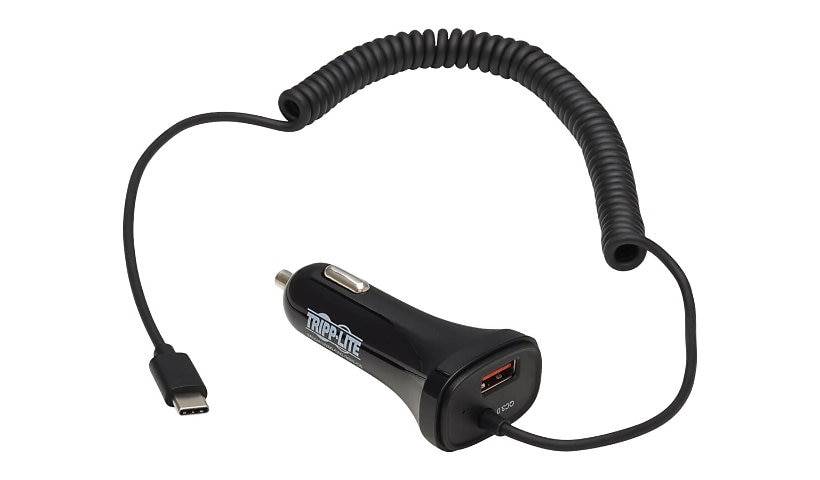 Tripp Lite USB Car Charger Dual Port 30W USB-A & USB C w Coiled Cord 6ft