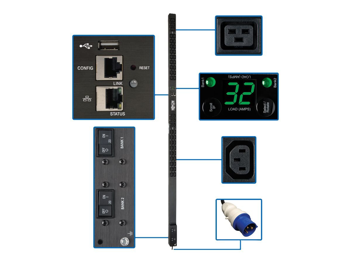 Tripp Lite 7.4kW Single-Phase Monitored PDU, LX Interface, 230V Outlets (36 C13/6 C19), IEC 309 32A Blue, 10 ft. Cord,