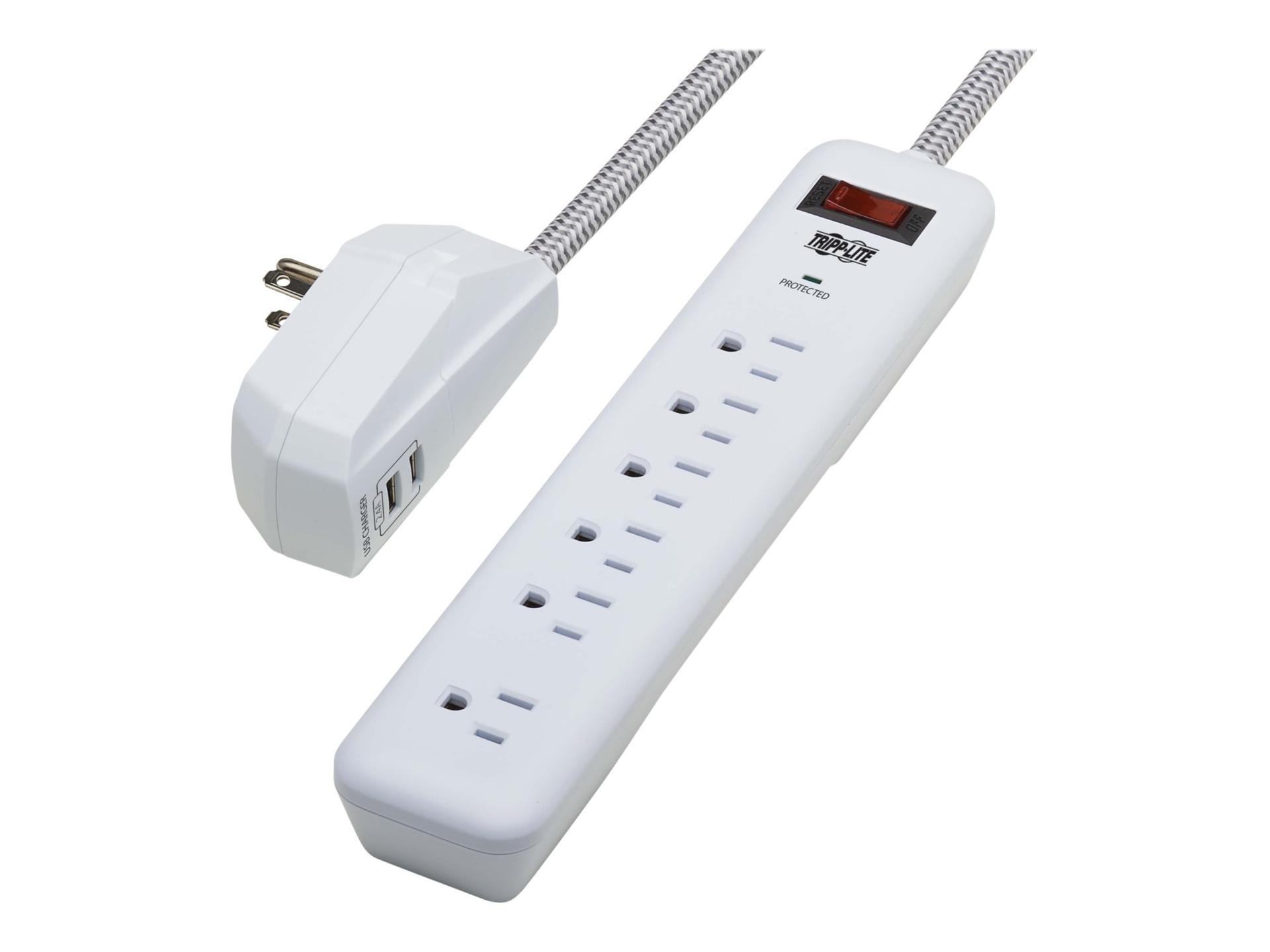 Tripp Lite Surge Protector Power Strip 7-Outlet 2 USB Ports 6ft Cord White