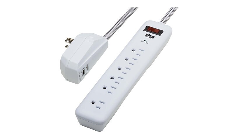 Tripp Lite Surge Protector 7-Outlet, 6 on strip/1 in detachable plug-, 2 USB Ports (2.4A Shared), Detachable Charger