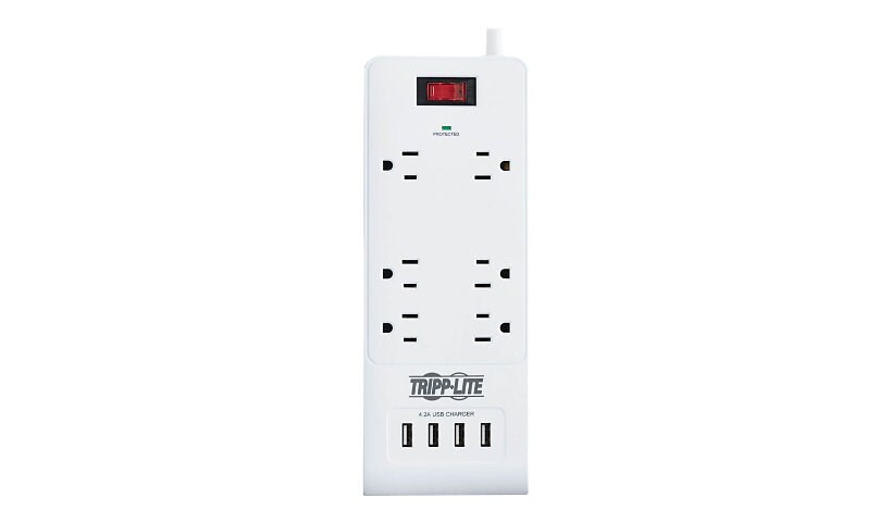 Tripp Lite 6-Outlet Surge Protector with 4 USB Ports (4.2A Shared) - 15 ft. Cord, 5-15P Plug, 900 Joules, White - surge