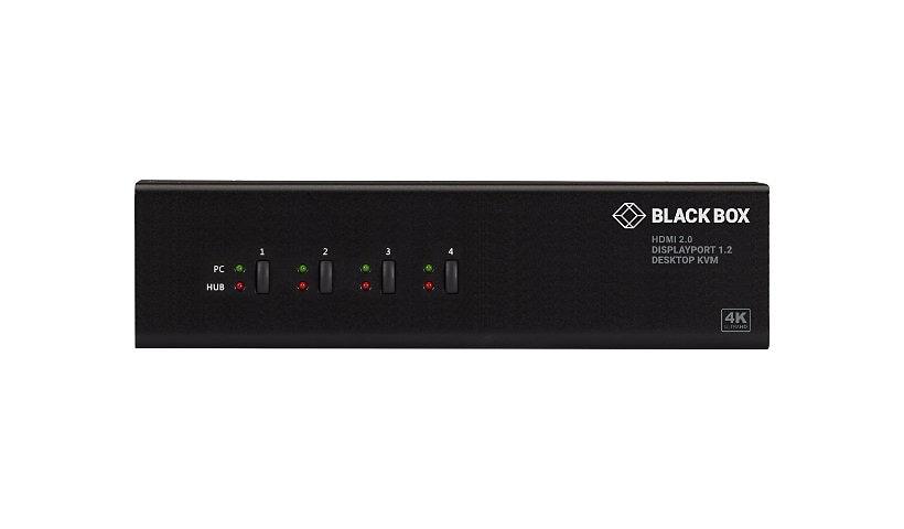 Black Box KVM Switch - 4PT Dual-Monitor DP and HDMI 4K 60Hz USB 3 Hub Audio