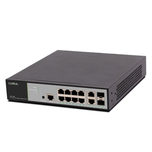 Luxul 12-Port Front-Facing Rackmount Switch - 8-PoE+ Ports - US Power Cord