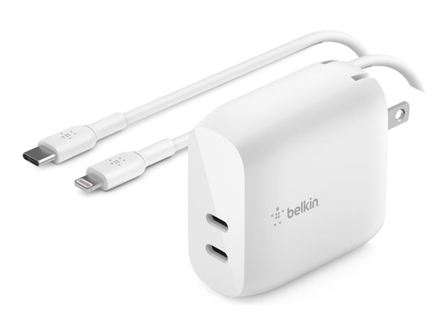 Belkin 40W Portable Dual-Port USB-C Wall Charger - 2xUSB-C (20W) - with USB-C to Lightning Cable - Power Adapter - White