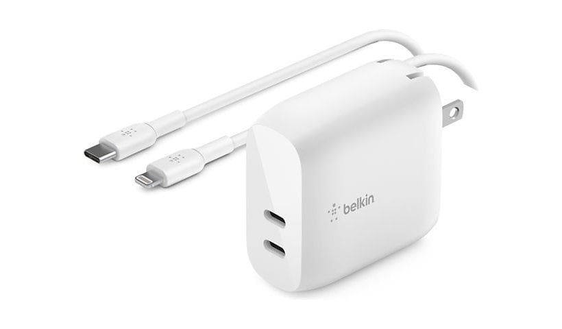 Belkin 40W Portable Dual-Port USB-C Wall Charger - 2xUSB-C (20W) - with USB-C to Lightning Cable - Power Adapter - White