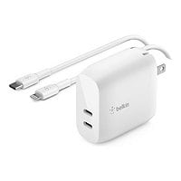 Belkin 40W Portable Dual-Port USB-C Wall Charger - 2xUSB-C (20W) - with USB-C to Lightning Cable - Power Adapter - White