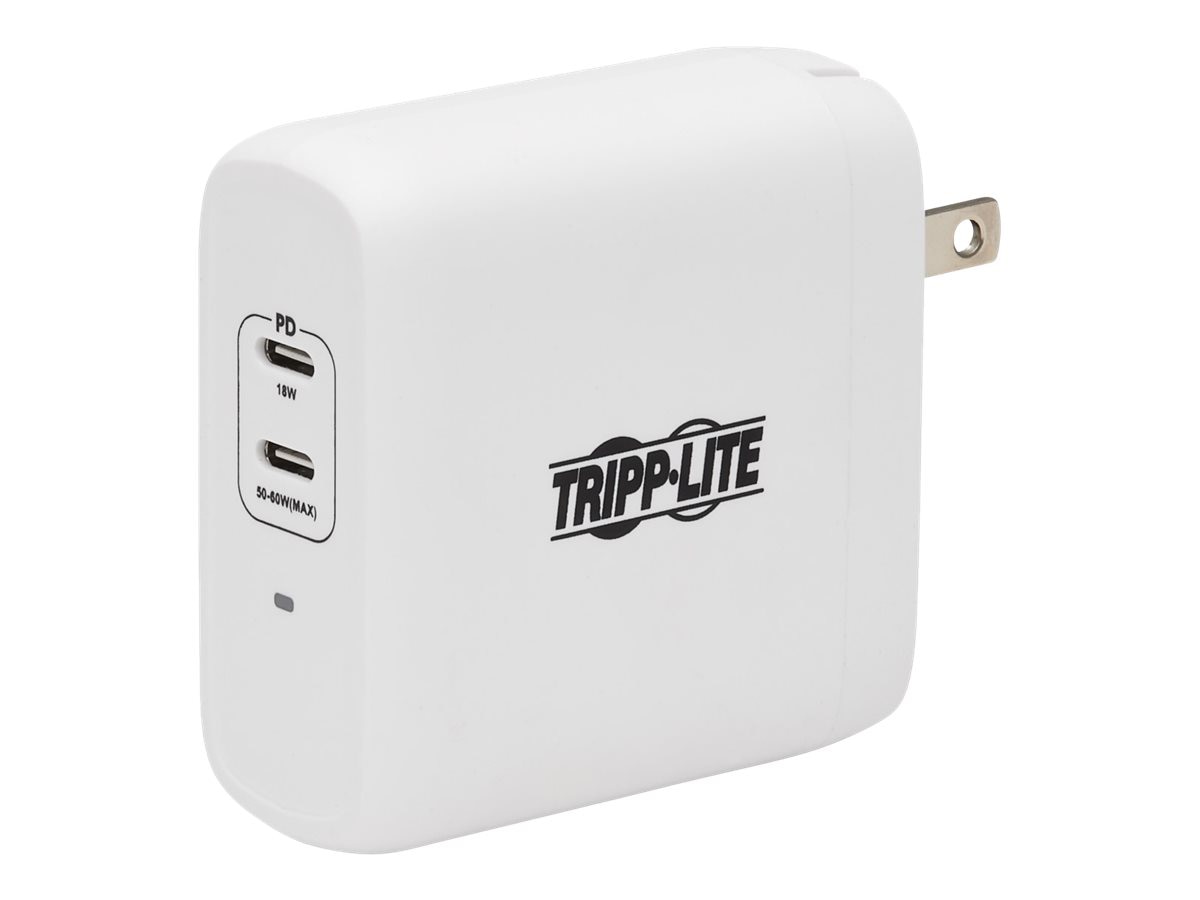 Eaton Tripp Lite Series USB C Wall Charger Dual-Port Compact - GaN Technology, 68W PD Charging (50W+18W), White; power